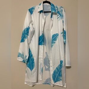 Tropical Blue Leaf Print Long Sleeve Dress